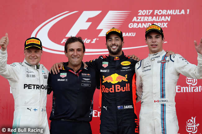 Victoria Daniel Ricciardo - Podio Valtteri Bottas - Lance Stroll - GP Azerbaiyán 2017