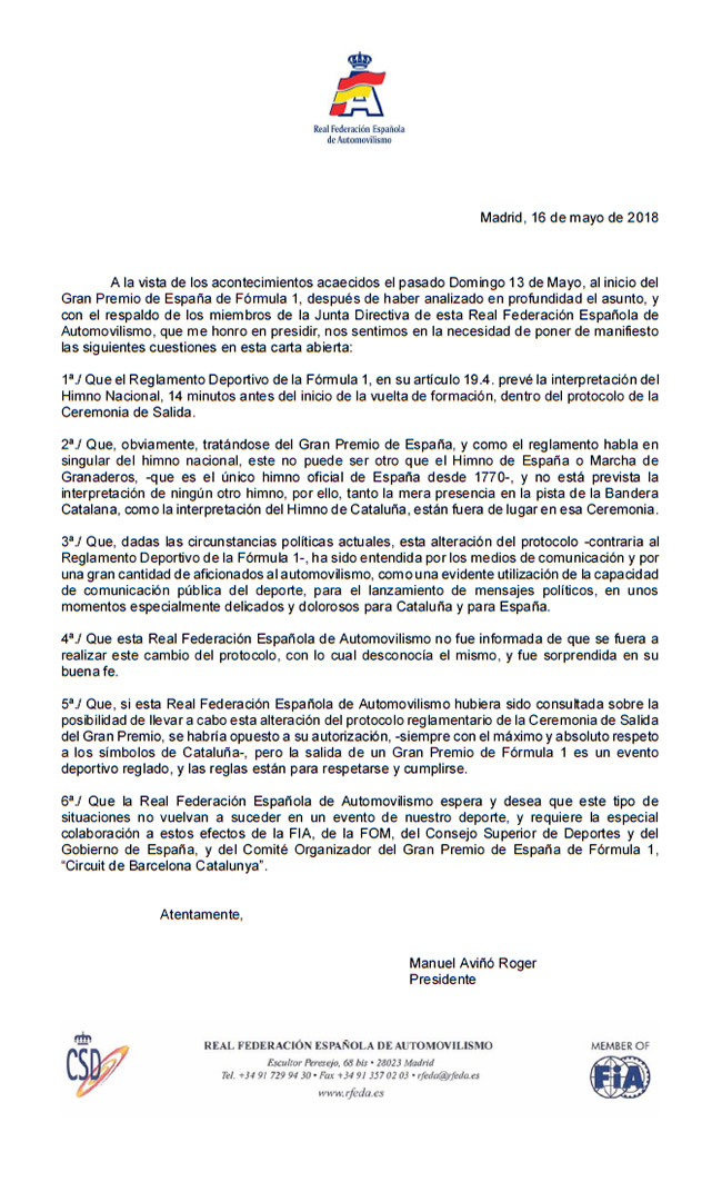 Carta Abierta Real Federación Española de Automovilismo 